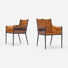 Armchairs, pair by Jean-Michel Frank, c. 1939, enameled wrought iron, leather, sold Mar 2024