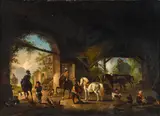 Philips Wouwerman, A barn interior with gentlemen preparing for a ride, horses feeding, children playing with a goat, and a peasant woman with a baby at the hearth, oil on canvas