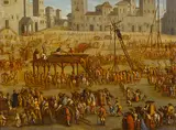 Spanish School, A scene of Inquisition, oil on canvas affixed to masonite