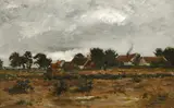 A stormy landscape with figures in a field and a view of a village beyond by French School, oil on panel, offered Jun 2016