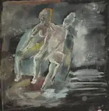Jules Pascin, Zwei sitzende Akte, 1927, Gouache und Tuschfeder auf schwarzem Papier
