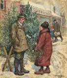 Hans Baluschek, Beim Weihnachtsbaumverkauf, 1930, Aquarell und Kreide auf Karton