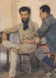 Franz Skarbina, Die Maler Alessandro Altamura und Othmar Brioschi im Hotel Pagano auf Capri, 1883, Aquarell und Gouache auf Papier, auf Karton kaschiert