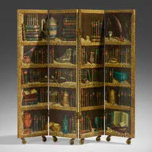 Strumenti Musicali/Libri screen by Piero Fornasetti, lithographic transfer-printed and lacquered wood, casters, sold Mar 2024