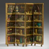 Strumenti Musicali/Libri screen by Piero Fornasetti, lithographic transfer-printed and lacquered wood, casters, sold Mar 2024