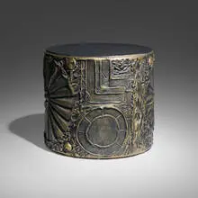 Drum table by Adrian Pearsall, c. 1965, bronze resin over wood, laminate, sold Mar 2024