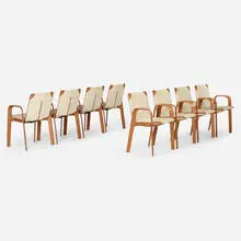 Hermès, La Chaise Sellier armchairs, set of eight, c. 2010, stitched Everlisse leather, canvas