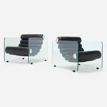 Chain armchairs, pair by Fabio Lenci, 1966, leather, tempered glass, aluminum, sold Mar 2024