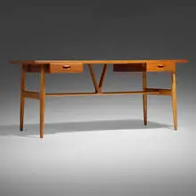 Desk, model JH563 by Hans J. Wegner, 1950, teak, oak, brass, sold Mar 2024