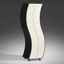 Furniture in Irregular Forms, Side 1 by Shiro Kuramata, 1970 / 1992, lacquered oak, lacquered wood, aluminum, chrome-plated steel, casters, sold Mar 2024