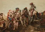 Landsknechte (Foot soldiers); Reiterkampf (Cavalry combat) (a pair) by Oskar Larsen, mixed media with oil and watercolor on paper laid down on board, sold Jun 2016