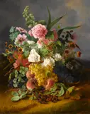 A still life with flowers, peaches and berries by Estelle Monnet-Laverpilière, oil on canvas, sold Jun 2016