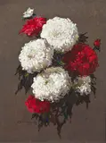 A bouquet of white and red chrysanthemums by Stepan Fedorovich Kolesnikov, oil on canvas, sold Jun 2016