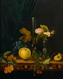 A still life with fruit and a glass epergne on a table by American School, oil on canvas, offered Jun 2016