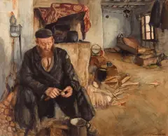 Maurycy Minkowski, An interior with a man peeling potatoes, pencil and watercolor