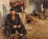 Maurycy Minkowski, An interior with a man peeling potatoes, pencil and watercolor