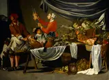 An interior scene with figures preparing a feast by Dutch School, oil on canvas, sold Jun 2016