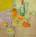 Still Life with peppers, glasses and bottle by Lydia Ostrova, oil on canvas affixed to board, offered Jun 2016