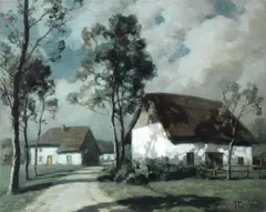 François Cachoud, A village street scene at night, oil on canvas