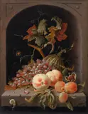 A still life with grapes and peaches on a ledge by Dutch School, oil on panel, offered Jun 2016