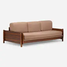 Macedo sofa by Sergio Rodrigues, 1960, rosewood, upholstery, chrome-plated brass, sold Mar 2024