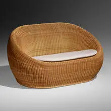 Isamu Kenmochi, Rattan settee, 1967, rattan over bamboo frame, upholstery
