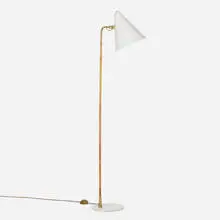 Floor lamp by Paavo Tynell, c. 1950, enameled aluminum, enameled steel, brass, cane, sold Mar 2024