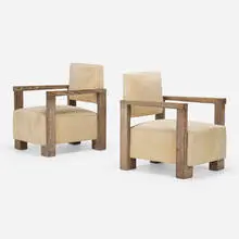 attribution Pierre Legrain, Armchairs, pair, c. 1930, cerused oak, suede upholstery