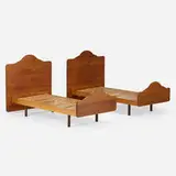 Sam Maloof, Twin-size bedframes, pair, c. 1988, walnut, maple, lacquered wood, plastic