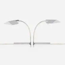 Table lamps, pair by Cedric Hartman, c. 1970, stainless steel, chrome-plated metal, acrylic, sold Mar 2024