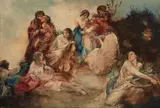 Badende Mädchen (Bathing girls); Musizierende Frauen (Women playing music) (a pair) by Oskar Larsen, mixed media with oil and watercolor on paper laid down on board, sold Jun 2016