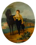 A young boy and his pony with a village beyond by French School, oil on canvas laid down on board, offered Jun 2016
