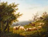 An extensive landscape with sheep grazing in the foreground by Dutch School, oil on panel, sold Jun 2016