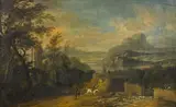 An extensive landscape with mounted figures and hounds hunting in the foreground by Willem van der Hagen, oil on panel, offered Mar 2016