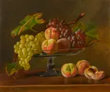 A still life with grapes and peaches in a glass compote; also a companion painting of plums in a basket (a pair) by P. Petit, first signed 'P. Petit' (lower left); second 'P. Petit' (lower right), offered Mar 2016