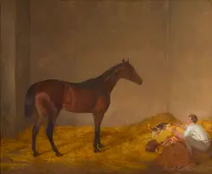 A study of the horse Derviche in his stable with a figure and a dog in the foreground by Richard Barrett Davis, oil on canvas, sold Mar 2016