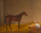 A study of the horse Derviche in his stable with a figure and a dog in the foreground by Richard Barrett Davis, oil on canvas, sold Mar 2016