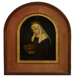 Hans Memling, A portrait of a queen in mourning holding a crown, oil on panel framed in a shadow box