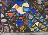 Ida Kerkovius, Glasfenster mit Taube, 1956, Aquarell, Deckweiß und Collage über Bleistift auf Papier, auf Pappe montiert