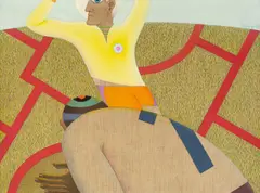 Zwei Spieler mit roten Linien by Fritz Genkinger, 1972, Acryl über Kohle auf Leinwand, mit Künstlerleiste, sold Mar 2022