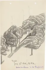 Lyonel Feininger, Kastanienbäume in der Ringbahnstraße, 1902, Bleistift auf kariertem gelochtem Papier