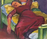 Otto Möller, Liegende in rotem Kleid, Um 1908, Öl auf Leinwand