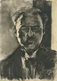 Lesser Ury, Selbstbildnis mit Kneifer, 1908, Kohle, mit weißer Kreide gehöht, auf festem gelblichen Papier (Prägestempel: Schutzmarke Schoellershammer)