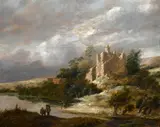 Figures walking by a river with a ruined castle beyond by Jacob van Ruisdael, oil on panel, sold Mar 2016