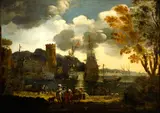 A capriccio coastal scene with a group of figures on shore in the foreground by called Tempesta Pieter Mulier the Younger, oil on canvas, sold Mar 2016