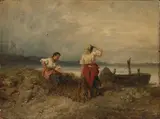 Pál, Two fisherwomen holding a net by a lake, oil on panel