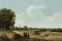 Anthonie van Borssom, An extensive wooded landscape with figures on a path in the foreground, oil on cradled panel