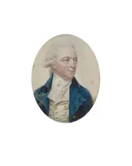 John Smart, A portrait miniature of Colonel Bullock, wearing blue coat, white waistcoat, frilled chemise and tied stock, his hair worn en queue., Pencil and watercolour on paper