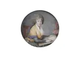 A portrait miniature of a female artist sketching a bust and wearing green dress, white fichu and yellow shawl, her powdered hair worn à la conseilleur. by Maximilien Villers, Watercolour on ivory, sold Feb 2016