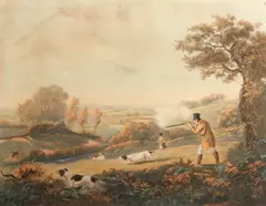Four Shooting Scenes by Henry Pyall, 'Woodcock Shooting', 'Pheasant Shooting', 'Duck Shooting', 'Partridge Shooting'; coloured etchings with aquatint, 1827, , sold Feb 2016
